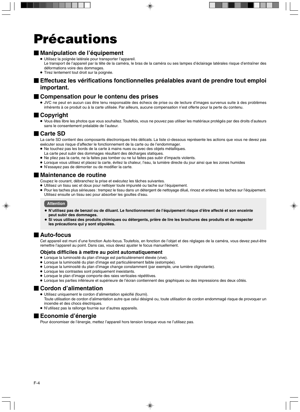 Precautions, Précautions, Manipulation de l’équipement | Copyright, Carte sd, Maintenance de routine, Auto-focus, Cordon d’alimentation, Economie d’énergie | JVC AV-P960E User Manual | Page 31 / 109