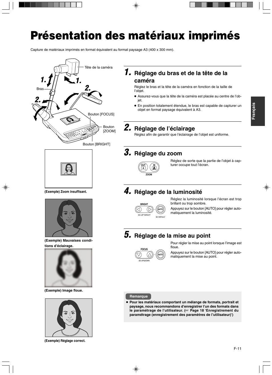 Fonctionnement (elementaire), Presentation des materiaux imprimes, Présentation des matériaux imprimés | Réglage du bras et de la tête de la caméra, Réglage de l’éclairage, Réglage du zoom, Réglage de la luminosité, Réglage de la mise au point | JVC AV-P960E User Manual | Page 38 / 109