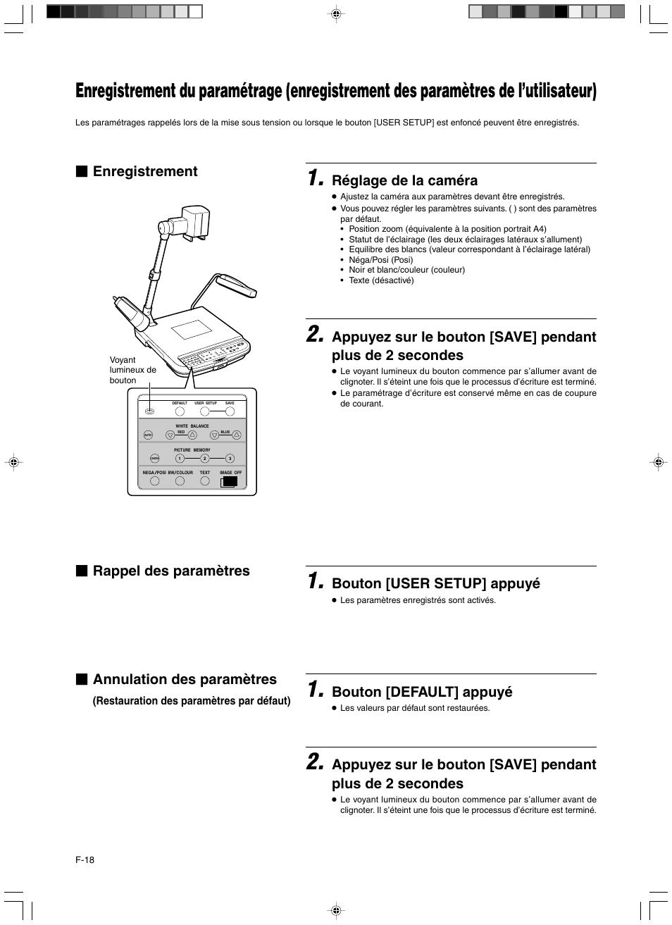 Réglage de la caméra, Bouton [user setup] appuyé, Bouton [default] appuyé | JVC AV-P960E User Manual | Page 45 / 109