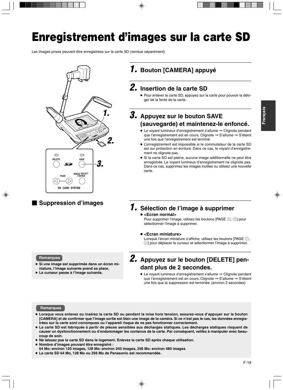 Fonctionnement (application), Enregistrement d’images sur la carte sd, Bouton [camera] appuyé | Insertion de la carte sd, Sélection de l’image à supprimer, Suppression d’images | JVC AV-P960E User Manual | Page 46 / 109