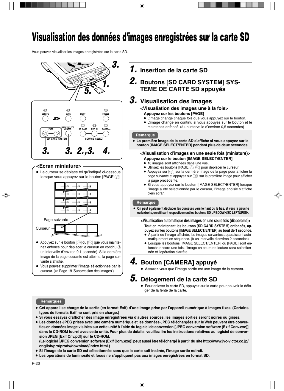 Insertion de la carte sd, Visualisation des images, Bouton [camera] appuyé | Délogement de la carte sd | JVC AV-P960E User Manual | Page 47 / 109