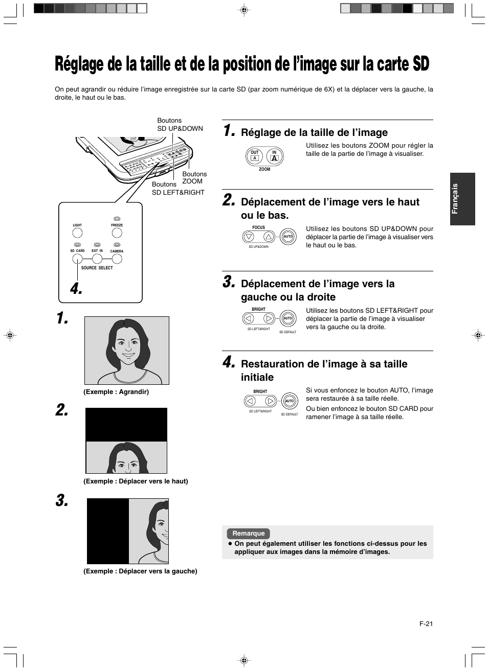 Réglage de la taille de l’image, Déplacement de l’image vers le haut ou le bas, Déplacement de l’image vers la gauche ou la droite | Restauration de l’image à sa taille initiale | JVC AV-P960E User Manual | Page 48 / 109