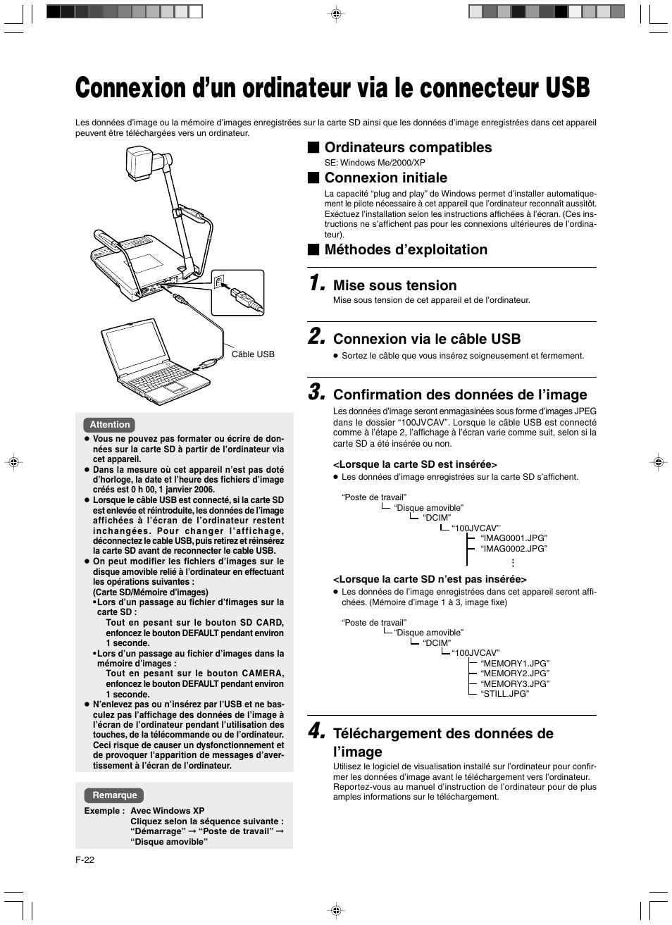 Connexion d’un ordinateur via le connecteur usb, Ordinateurs compatibles, Connexion initiale | Méthodes d’exploitation, Mise sous tension, Connexion via le câble usb, Confirmation des données de l’image, Téléchargement des données de l’image | JVC AV-P960E User Manual | Page 49 / 109