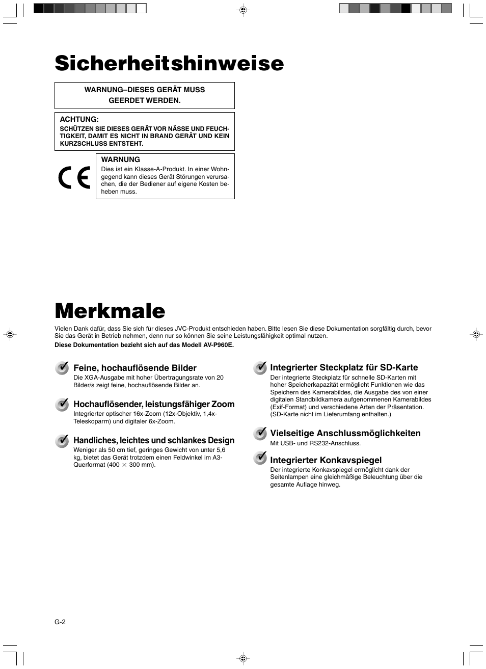 Grundlagen, Sicherheitshinweise, Merkmale | JVC AV-P960E User Manual | Page 56 / 109