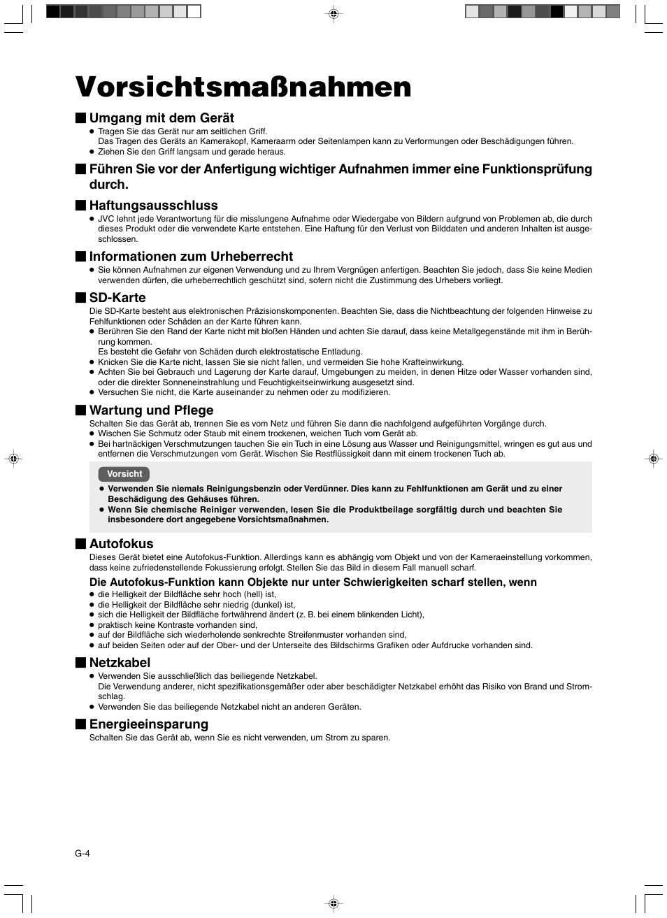 Vorsichtsmasnahmen, Vorsichtsmaßnahmen, Umgang mit dem gerät | Informationen zum urheberrecht, Sd-karte, Wartung und pflege, Autofokus, Netzkabel, Energieeinsparung | JVC AV-P960E User Manual | Page 58 / 109