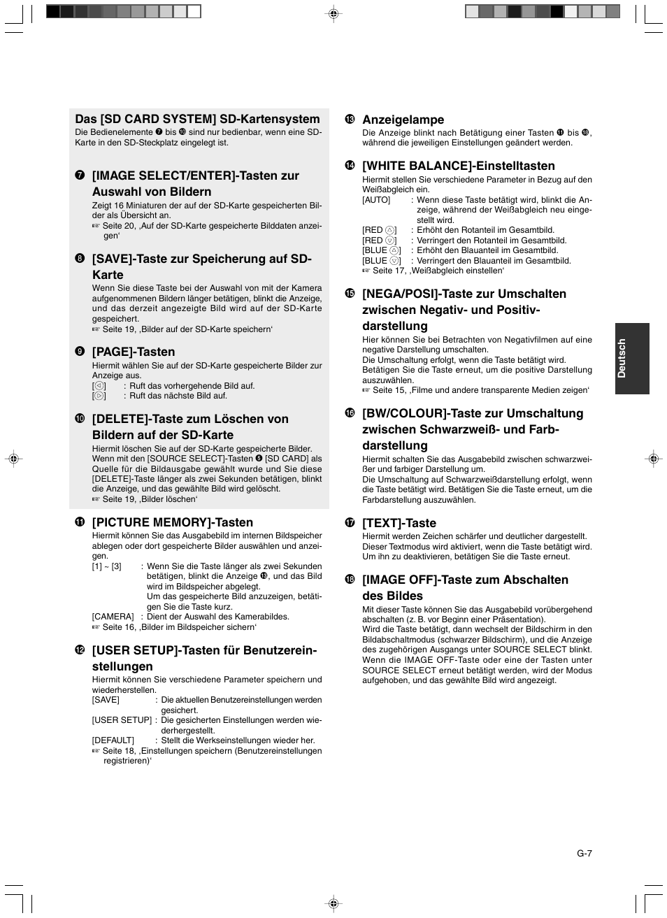 Das [sd card system] sd-kartensystem, 8 [save]-taste zur speicherung auf sd- karte, 9 [page]-tasten | User setup]-tasten für benutzerein- stellungen, Anzeigelampe, White balance]-einstelltasten, Text]-taste, Image off]-taste zum abschalten des bildes | JVC AV-P960E User Manual | Page 61 / 109