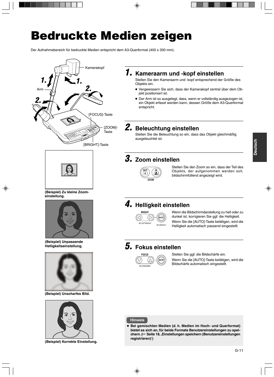Betrieb (einstieg), Bedruckte medien zeigen, Kameraarm und -kopf einstellen | Beleuchtung einstellen, Zoom einstellen, Helligkeit einstellen, Fokus einstellen | JVC AV-P960E User Manual | Page 65 / 109