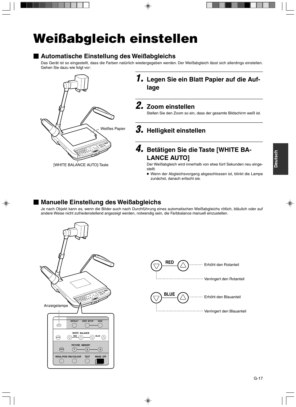 Weisabgleich einstellen, Weißabgleich einstellen, Legen sie ein blatt papier auf die auf- lage | Zoom einstellen, Helligkeit einstellen, Betätigen sie die taste [white ba- lance auto, Automatische einstellung des weißabgleichs, Manuelle einstellung des weißabgleichs | JVC AV-P960E User Manual | Page 71 / 109