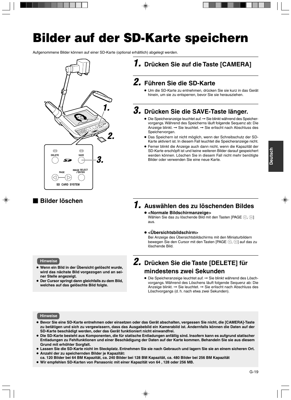 Betrieb (anwendung), Bilder auf der sd-karte speichern, Drücken sie auf die taste [camera | Führen sie die sd-karte, Drücken sie die save-taste länger, Auswählen des zu löschenden bildes, Bilder löschen | JVC AV-P960E User Manual | Page 73 / 109