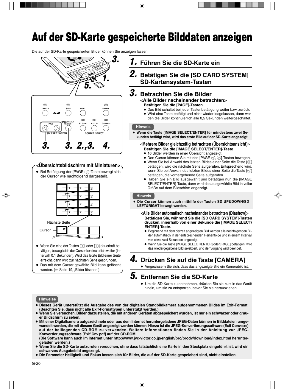 Auf der sd-karte gespeicherte bilddaten anzeigen, Führen sie die sd-karte ein, Betrachten sie die bilder | Drücken sie auf die taste [camera, Entfernen sie die sd-karte | JVC AV-P960E User Manual | Page 74 / 109