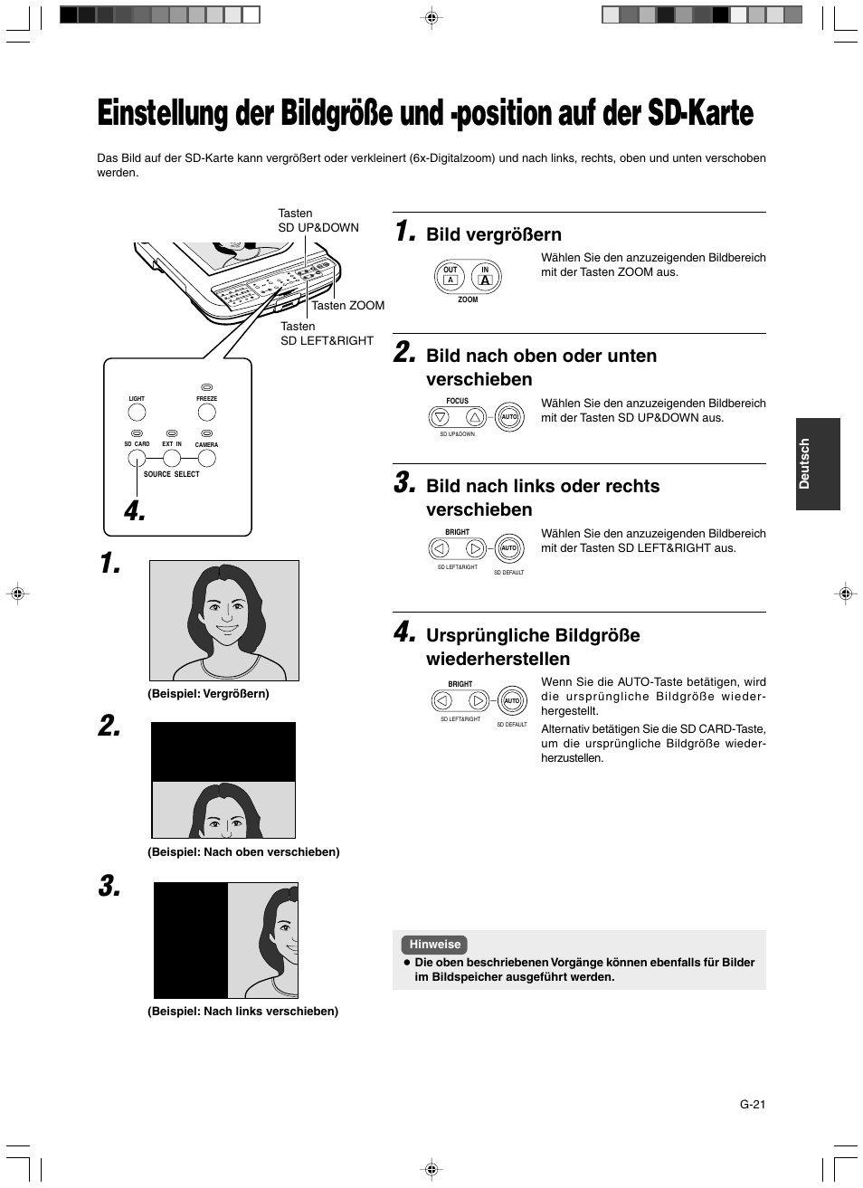 Bild vergrößern, Bild nach oben oder unten verschieben, Bild nach links oder rechts verschieben | Ursprüngliche bildgröße wiederherstellen | JVC AV-P960E User Manual | Page 75 / 109