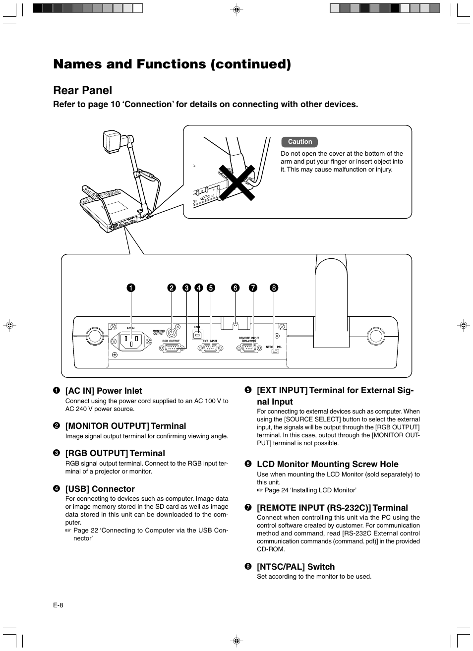 Rear panel, Names and functions (continued) | JVC AV-P960E User Manual | Page 8 / 109