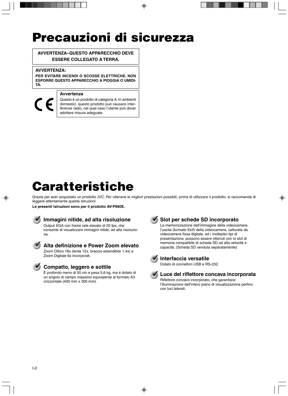Operazioni preliminari, Precauzioni di sicurezza, Caratteristiche | JVC AV-P960E User Manual | Page 83 / 109