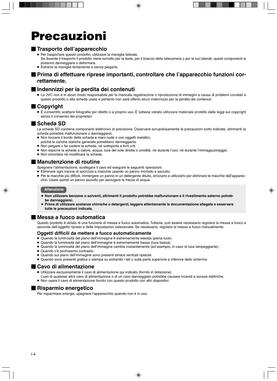 Precauzioni, Trasporto dell’apparecchio, Copyright | Scheda sd, Manutenzione di routine, Messa a fuoco automatica, Cavo di alimentazione, Risparmio energetico | JVC AV-P960E User Manual | Page 85 / 109