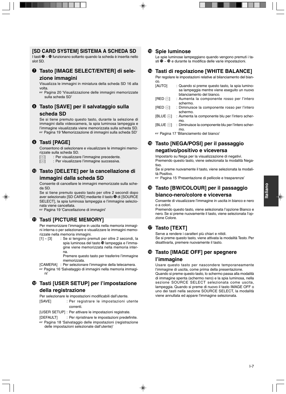 Sd card system] sistema a scheda sd, 8 tasto [save] per il salvataggio sulla scheda sd, 9 tasti [page | Spie luminose, Tasti di regolazione [white balance, Tasto [text, Tasto [image off] per spegnere l’immagine | JVC AV-P960E User Manual | Page 88 / 109