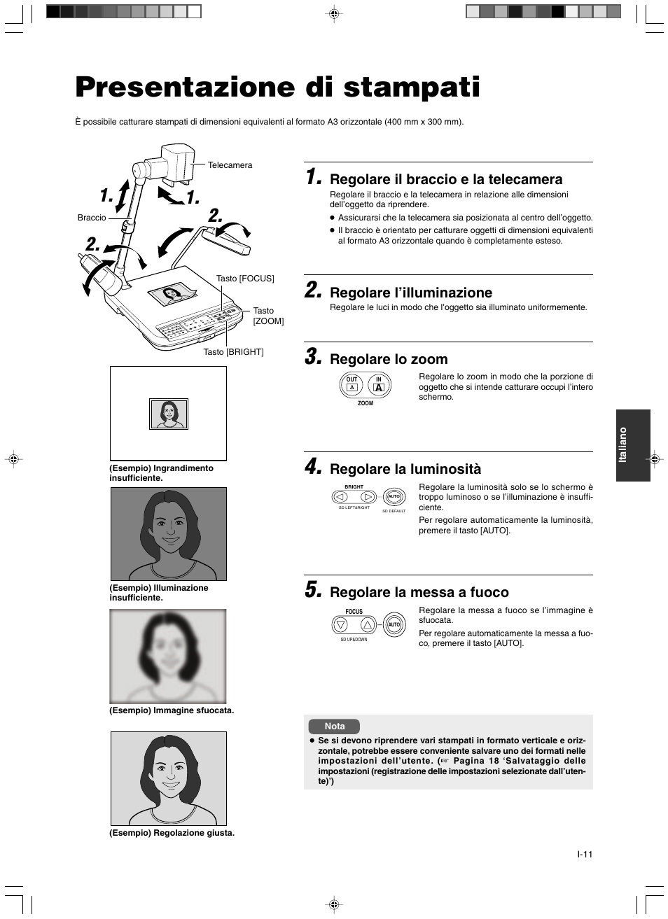 Funzionamento (basilare), Presentazione di stampati, Regolare il braccio e la telecamera | Regolare l’illuminazione, Regolare lo zoom, Regolare la luminosità, Regolare la messa a fuoco | JVC AV-P960E User Manual | Page 92 / 109