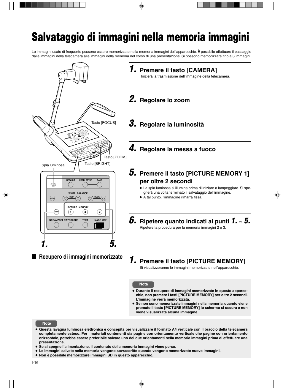 Salvataggio di immagini nella memoria immagini, Premere il tasto [camera, Regolare lo zoom | Regolare la luminosità, Regolare la messa a fuoco, Ripetere quanto indicati ai punti | JVC AV-P960E User Manual | Page 97 / 109