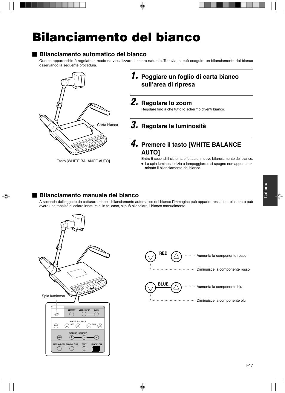 Bilanciamento del bianco, Regolare lo zoom, Regolare la luminosità | Premere il tasto [white balance auto, Bilanciamento automatico del bianco, Bilanciamento manuale del bianco | JVC AV-P960E User Manual | Page 98 / 109