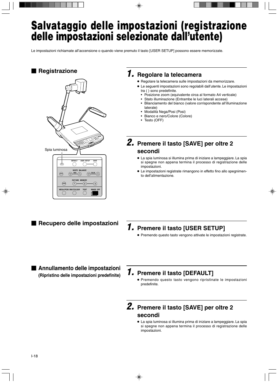 Regolare la telecamera, Premere il tasto [save] per oltre 2 secondi, Premere il tasto [user setup | Premere il tasto [default | JVC AV-P960E User Manual | Page 99 / 109