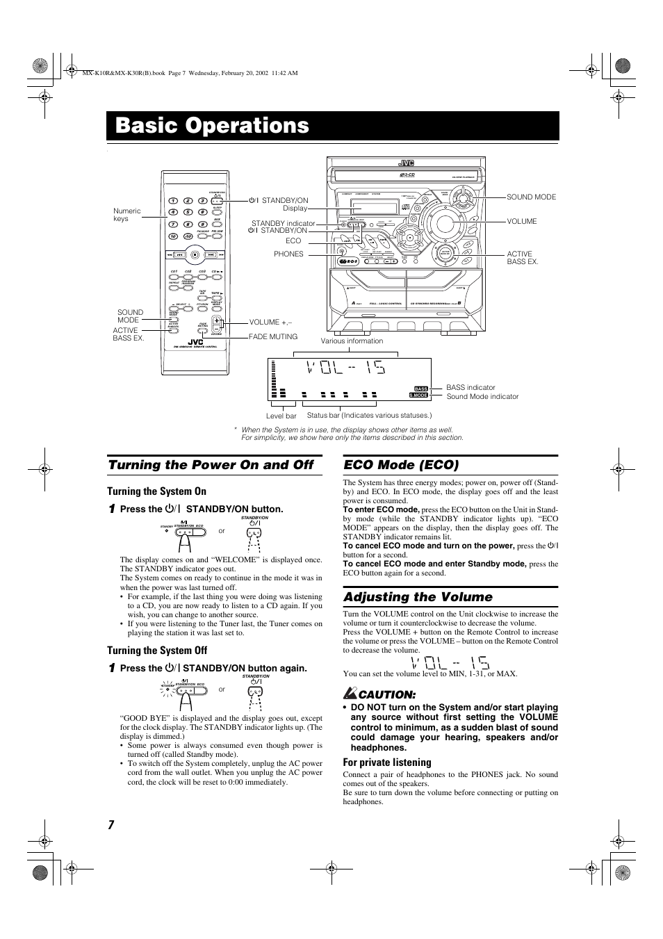 Basic operations, Turning the power on and off, Eco mode (eco) | Adjusting the volume, Turning the system on, Turning the system off, Caution, For private listening, Dual d/a converter, Demo | JVC CA-MXK10R User Manual | Page 10 / 32