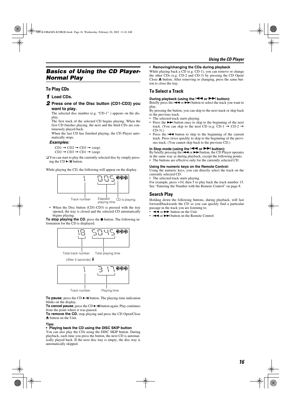 Basics of using the cd player- normal play, Search play | JVC CA-MXK10R User Manual | Page 19 / 32