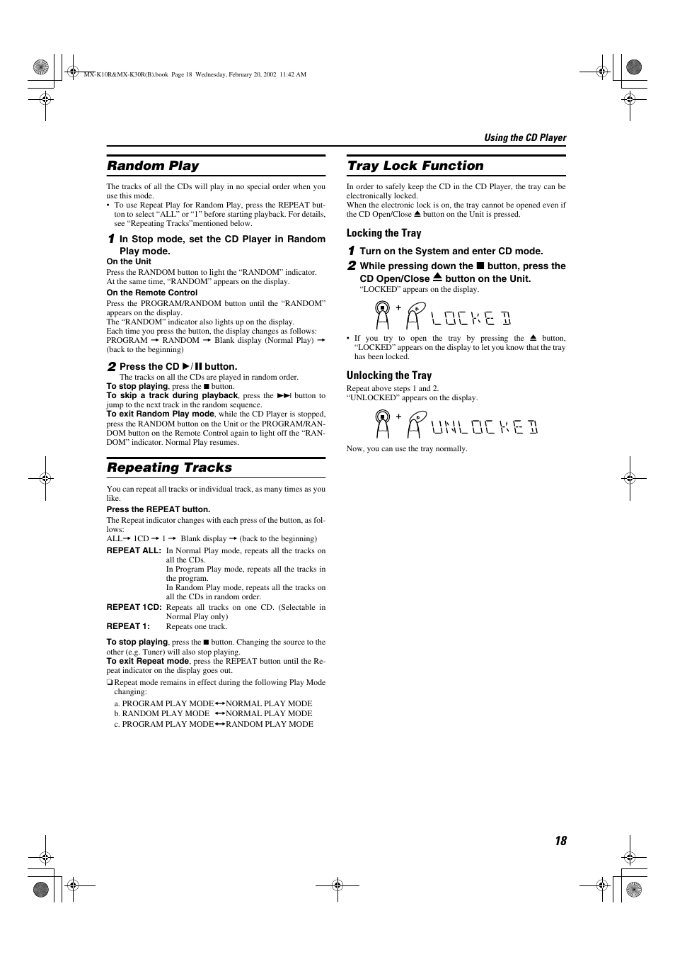 Random play, Repeating tracks, Tray lock function | JVC CA-MXK10R User Manual | Page 21 / 32