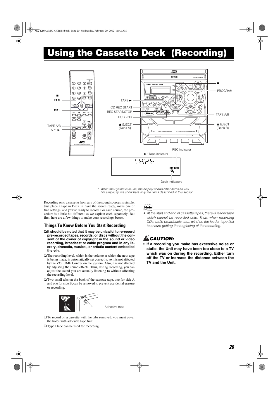 Using the cassette deck (recording), Things to know before you start recording, Caution | Preset tuning, Adhesive tape | JVC CA-MXK10R User Manual | Page 23 / 32