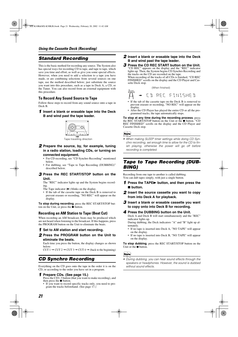 Standard recording, Cd synchro recording, Tape to tape recording (dub- bing) | JVC CA-MXK10R User Manual | Page 24 / 32