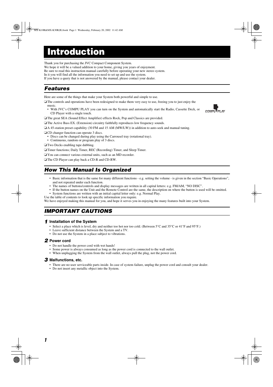 Introduction, Features, How this manual is organized | Important cautions 1 | JVC CA-MXK10R User Manual | Page 4 / 32