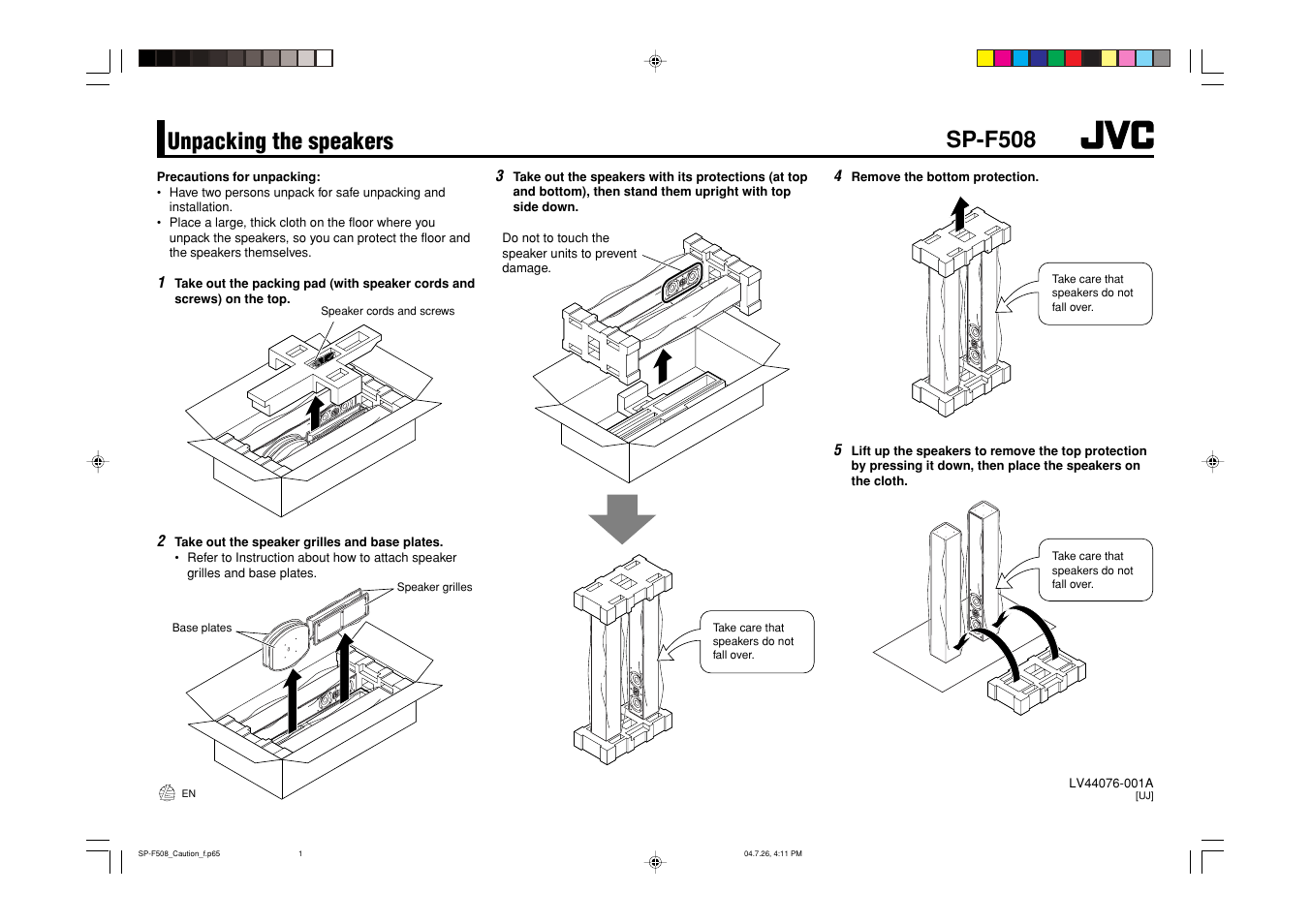 Unpacking the speakers, Sp-f508 | JVC SP-F508 User Manual | Page 5 / 5