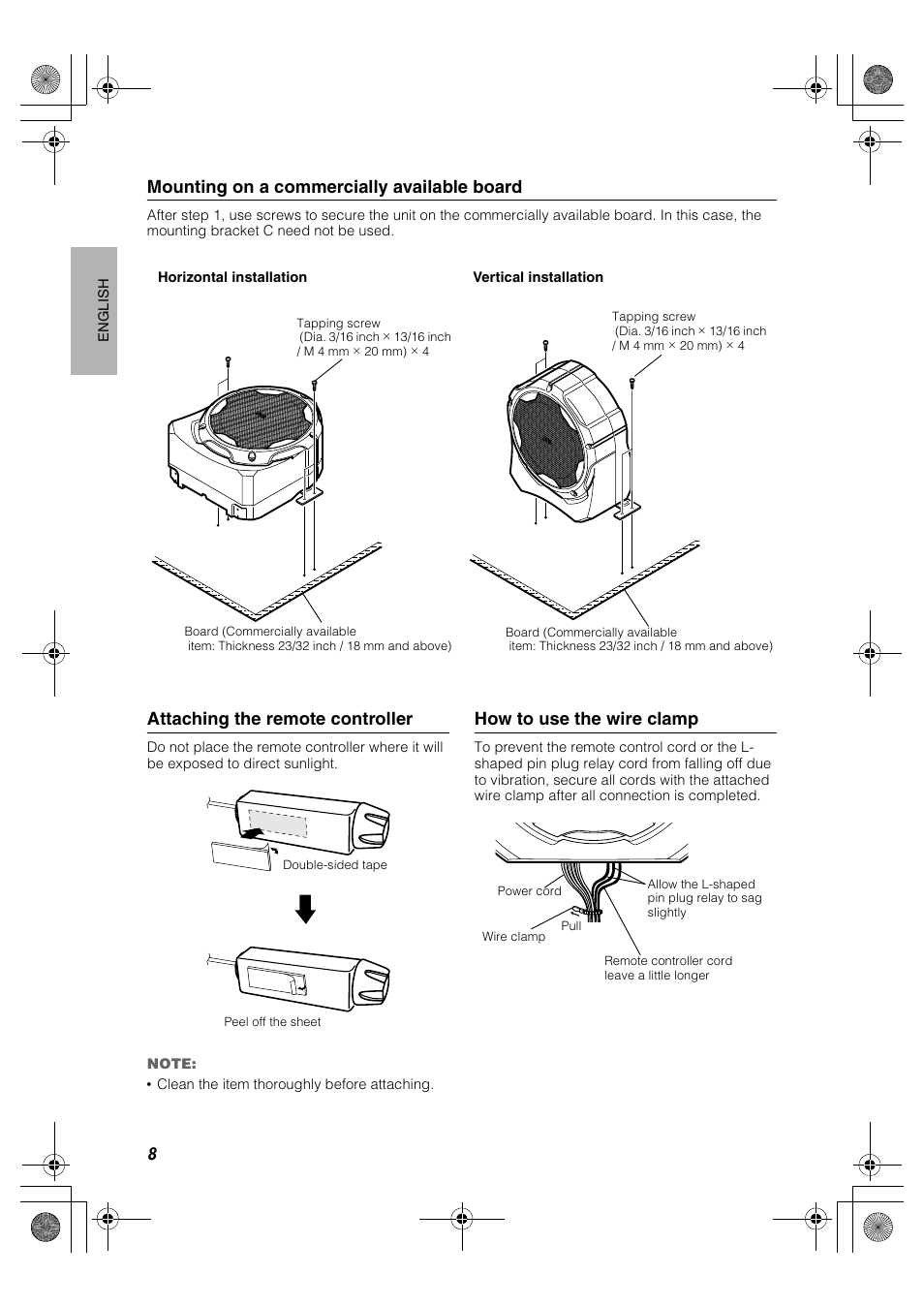 Mounting on a commercially available board, Attaching the remote controller, How to use the wire clamp | JVC CS-DA1 User Manual | Page 12 / 48