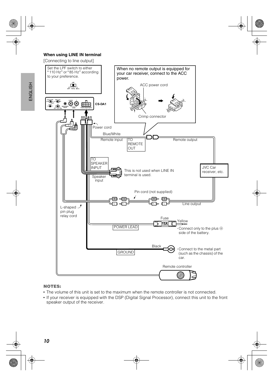 When using line in terminal, Connecting to line output | JVC CS-DA1 User Manual | Page 14 / 48