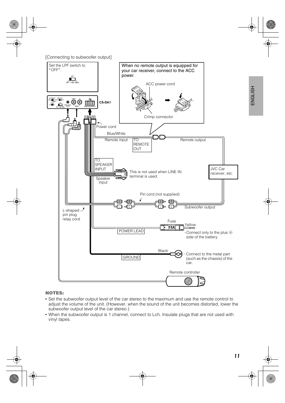 Connecting to subwoofer output | JVC CS-DA1 User Manual | Page 15 / 48
