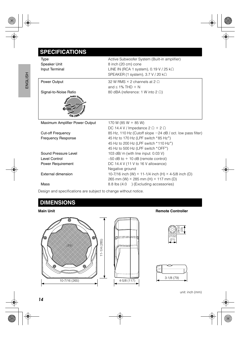 Specifications, Dimensions | JVC CS-DA1 User Manual | Page 18 / 48