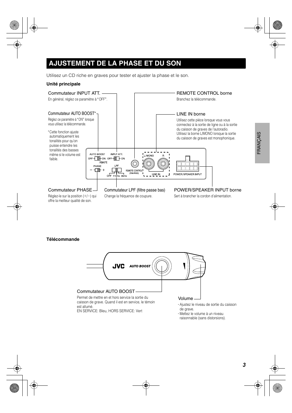 Ajustement de la phase et du son, Unité principale, Télécommande | JVC CS-DA1 User Manual | Page 21 / 48