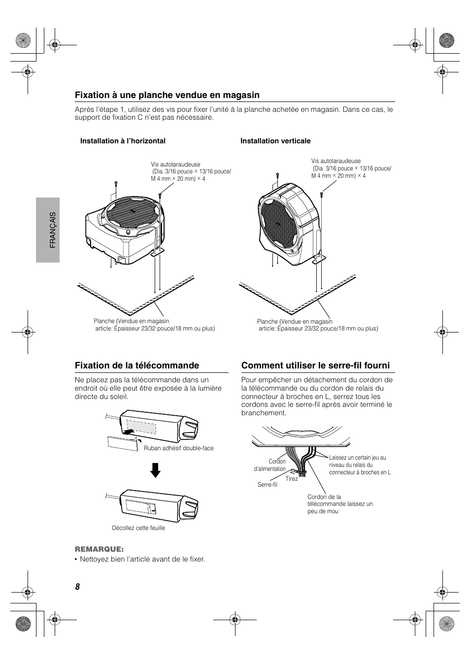 Fixation à une planche vendue en magasin, Fixation de la télécommande, Comment utiliser le serre-fil fourni | JVC CS-DA1 User Manual | Page 26 / 48
