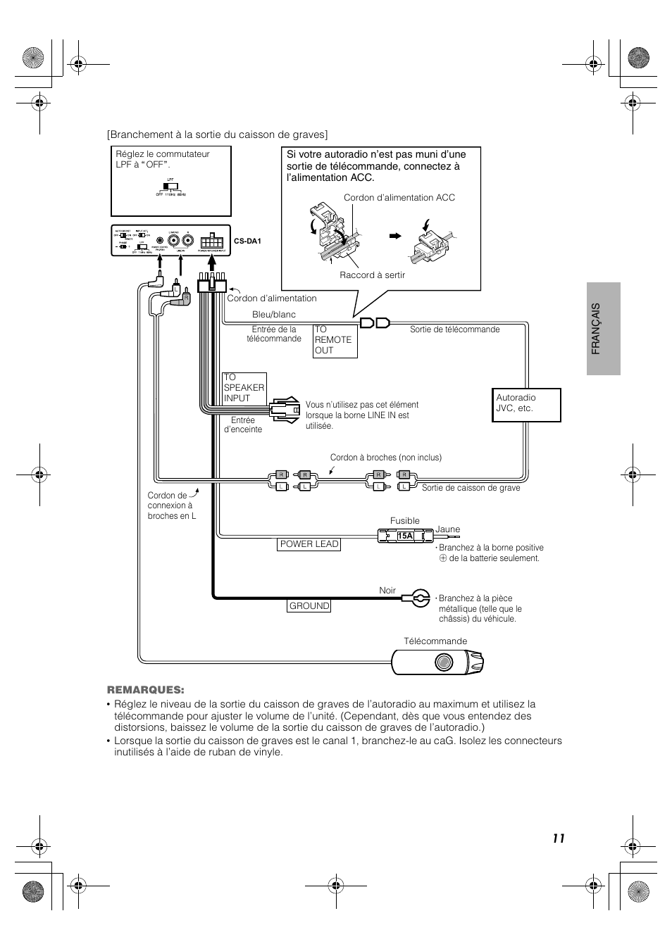 Branchement à la sortie du caisson de graves | JVC CS-DA1 User Manual | Page 29 / 48