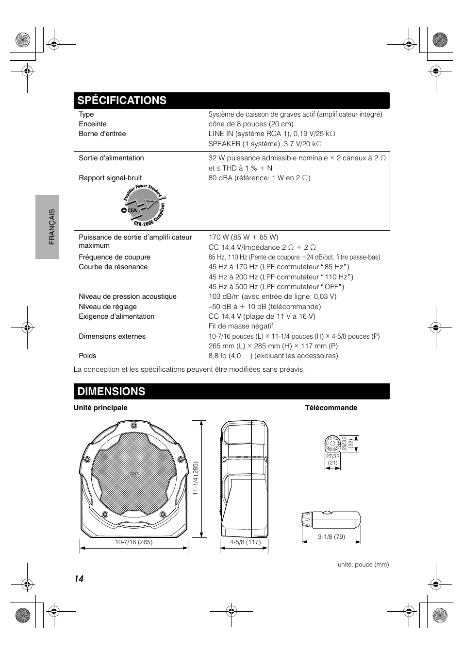 Spécifications, Dimensions, Spécifications dimensions | JVC CS-DA1 User Manual | Page 32 / 48
