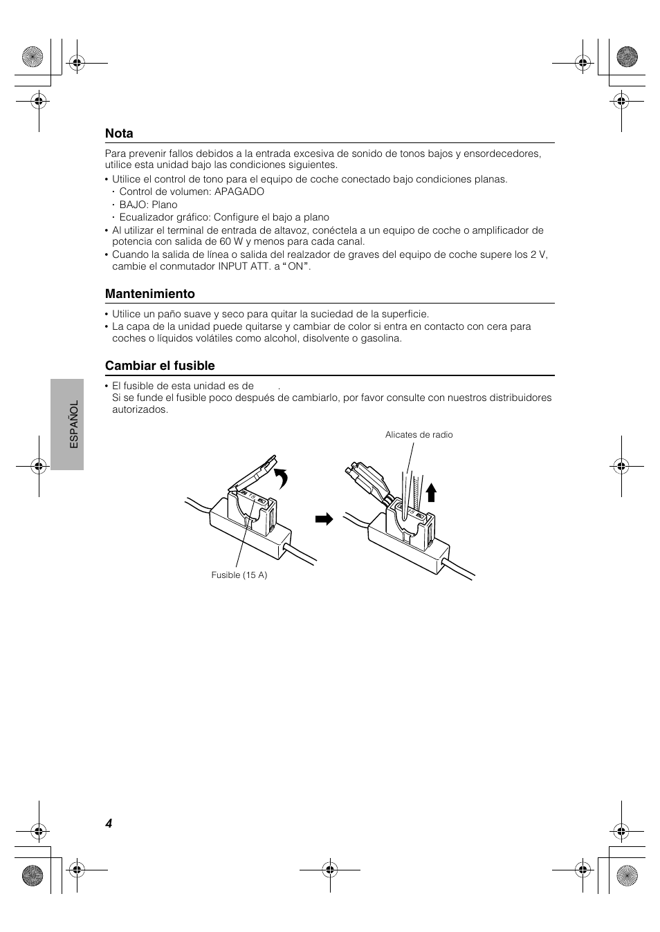 Nota, Mantenimiento, Cambiar el fusible | JVC CS-DA1 User Manual | Page 36 / 48