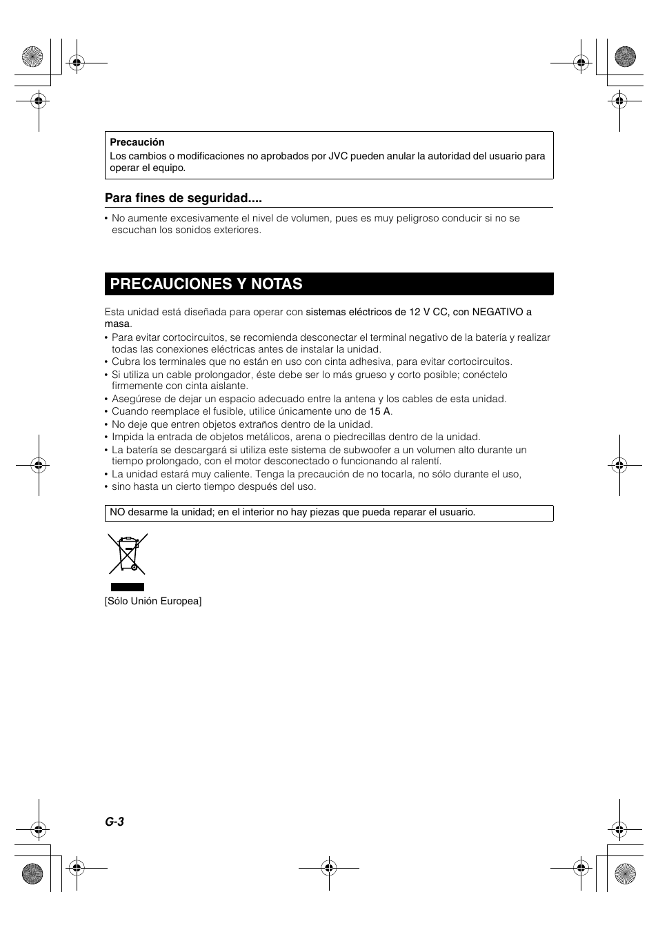 Precauciones y notas, Para fines de seguridad | JVC CS-DA1 User Manual | Page 4 / 48