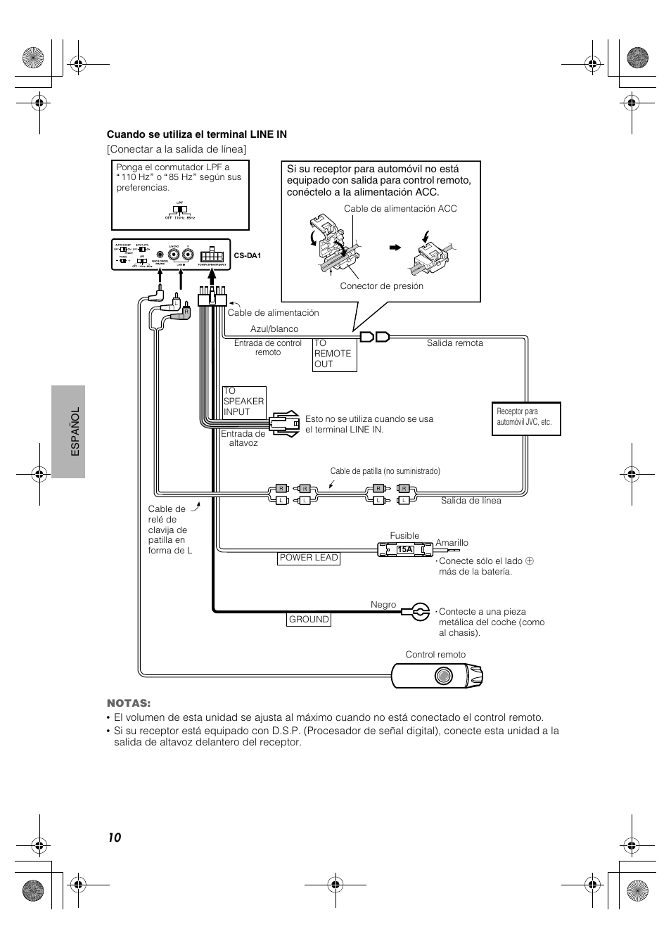 Cuando se utiliza el terminal line in, Conectar a la salida de línea | JVC CS-DA1 User Manual | Page 42 / 48