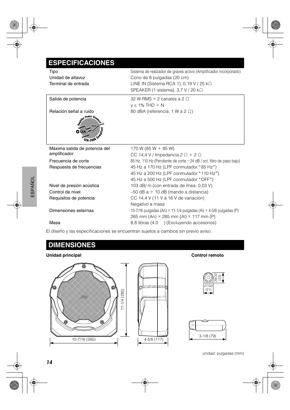 Especificaciones, Dimensiones, Especificaciones dimensiones | JVC CS-DA1 User Manual | Page 46 / 48