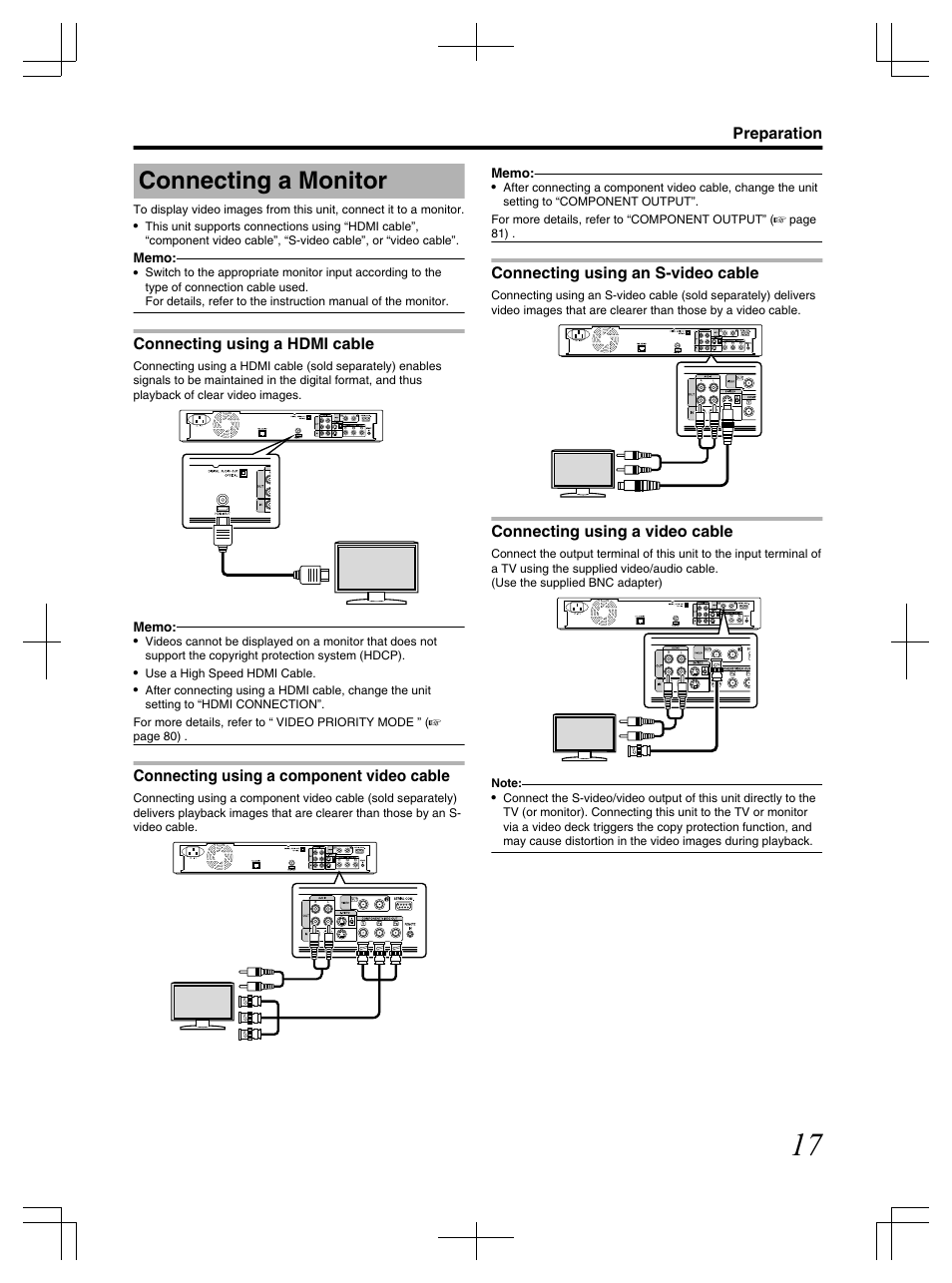 Preparation, Connecting a monitor, Connecting using a hdmi cable | Connecting using a component video cable, Connecting using an s-video cable, Connecting using a video cable | JVC LST1083-001C User Manual | Page 17 / 104