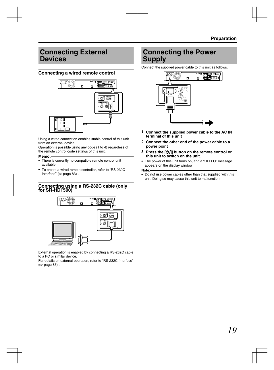 Connecting external devices, Connecting the power supply | JVC LST1083-001C User Manual | Page 19 / 104