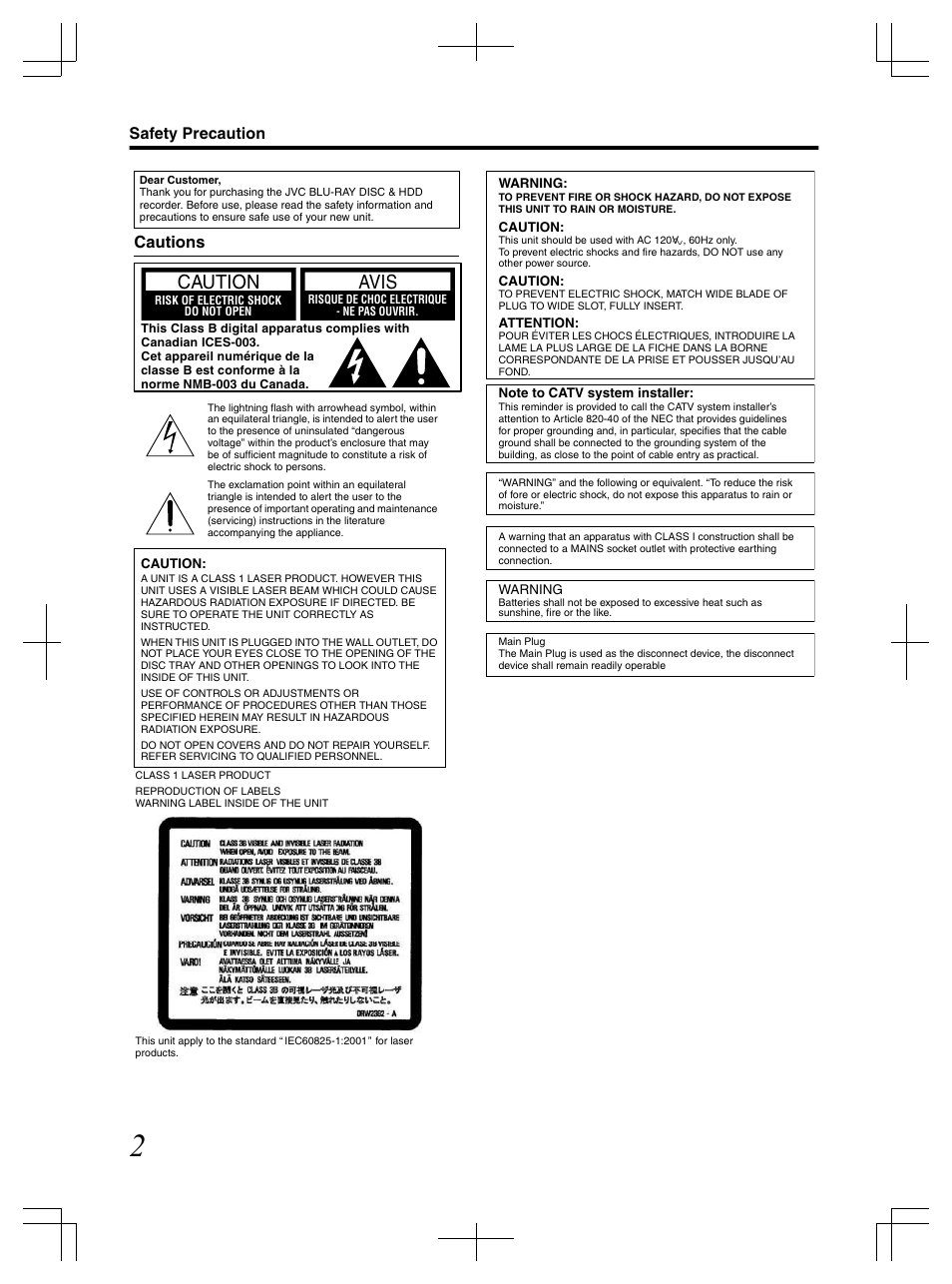 Safety precaution, Caution avis, Cautions | JVC LST1083-001C User Manual | Page 2 / 104