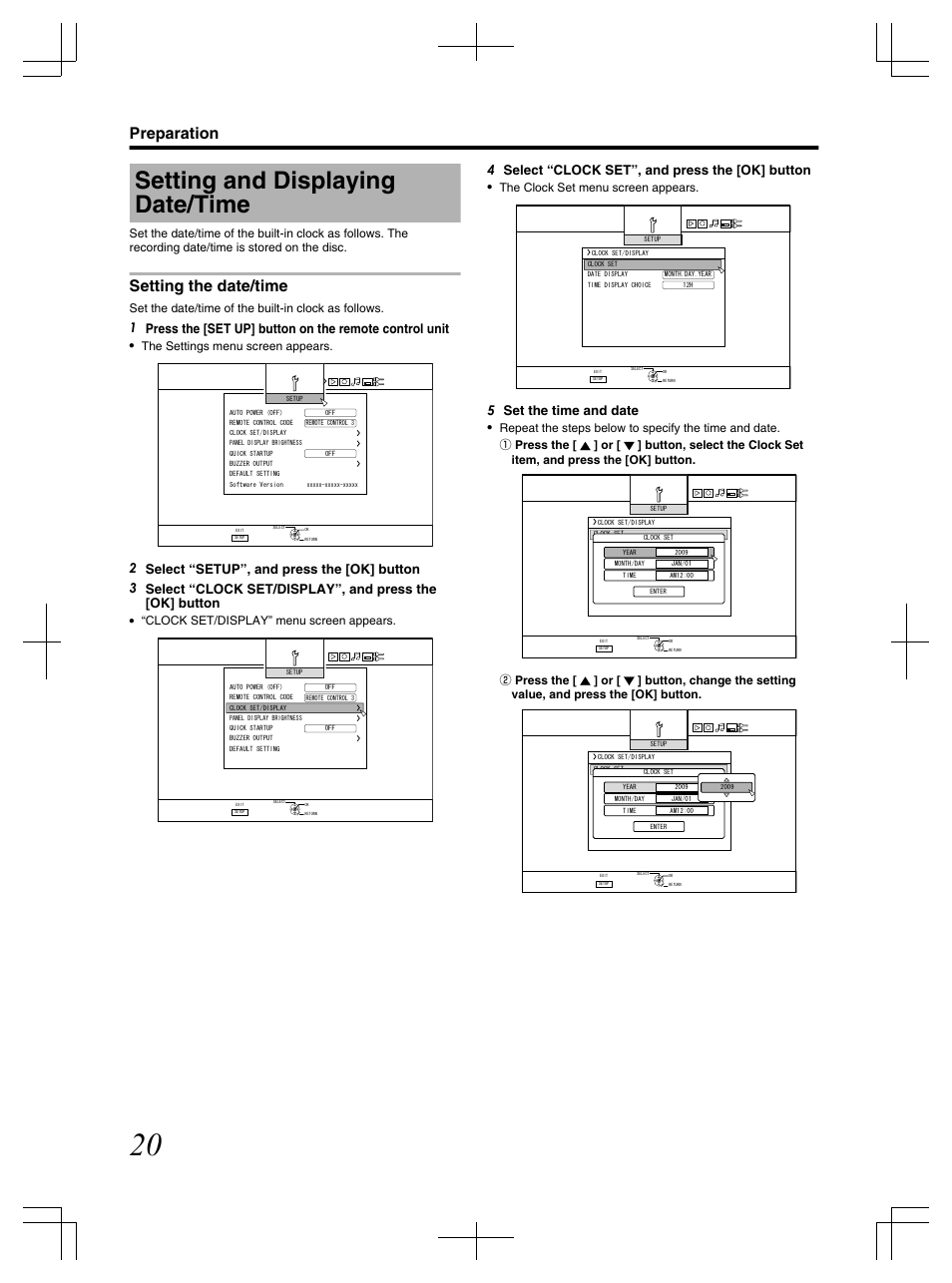 Setting and displaying date/time, Setting the date/time, Preparation | 4 select “clock set”, and press the [ok] button, 5 set the time and date, Set the date/time of the built-in clock as follows, The settings menu screen appears, Clock set/display” menu screen appears, The clock set menu screen appears | JVC LST1083-001C User Manual | Page 20 / 104