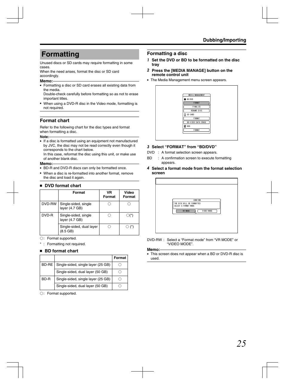 Formatting, Format chart, Formatting a disc | Dubbing/importing | JVC LST1083-001C User Manual | Page 25 / 104