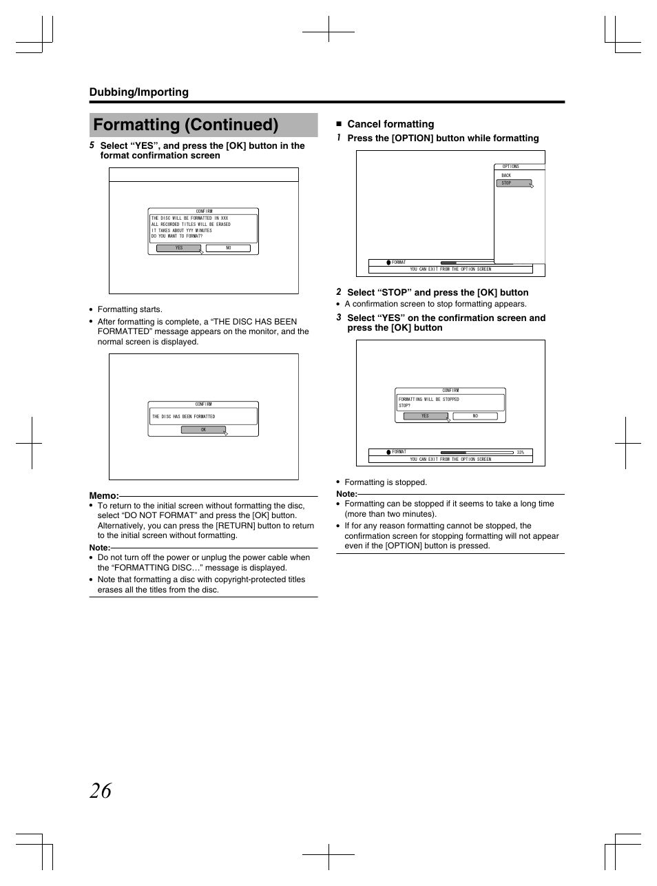 Formatting (continued), Dubbing/importing, Cancel formatting | JVC LST1083-001C User Manual | Page 26 / 104