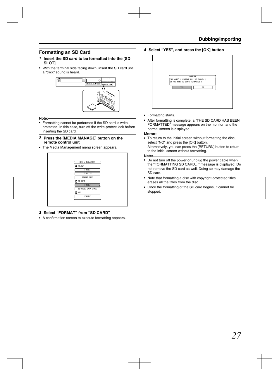 Formatting an sd card, Dubbing/importing | JVC LST1083-001C User Manual | Page 27 / 104