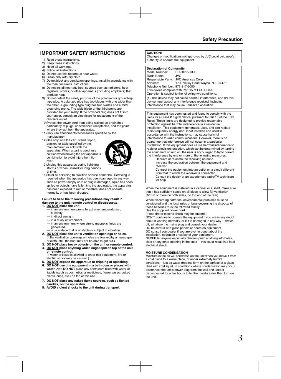 Important safety instructions, Safety precaution | JVC LST1083-001C User Manual | Page 3 / 104